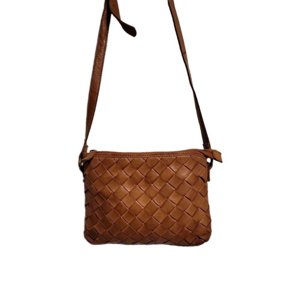 Vilenca Holland Genuine Leather Woven Crossbody Hobo Brown Cognac MSRP $230